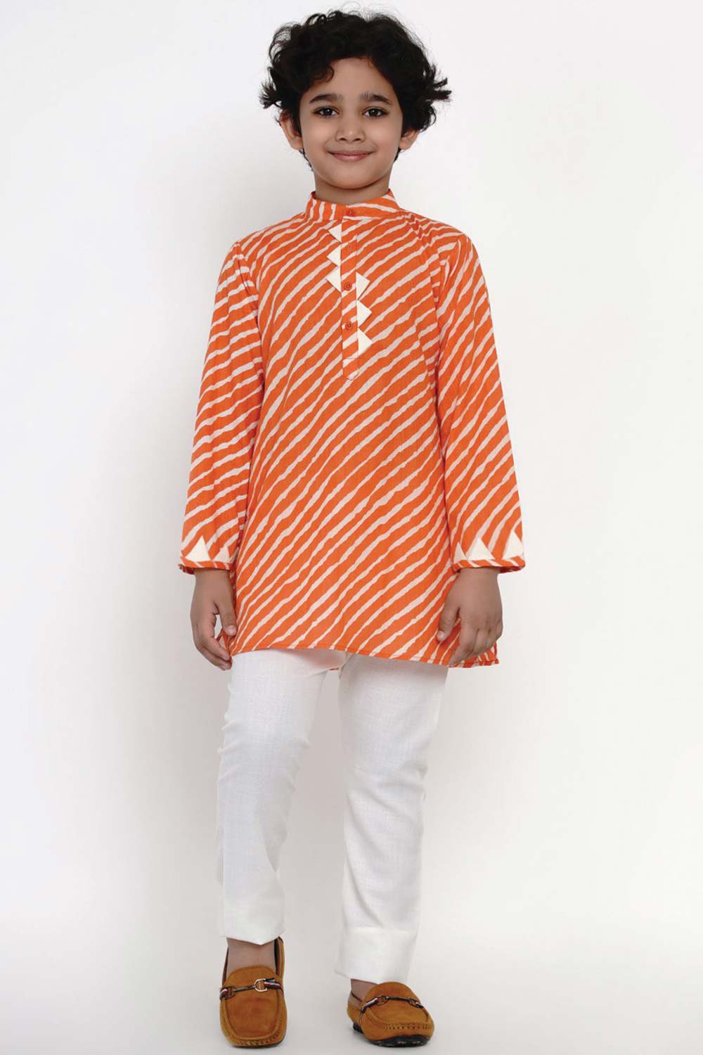 Buy Boy's Orange Laheriya Kurta With Off-White Pajama Set Online