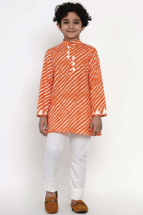 Buy Boy's Orange Laheriya Kurta With Off-White Pajama Set Online