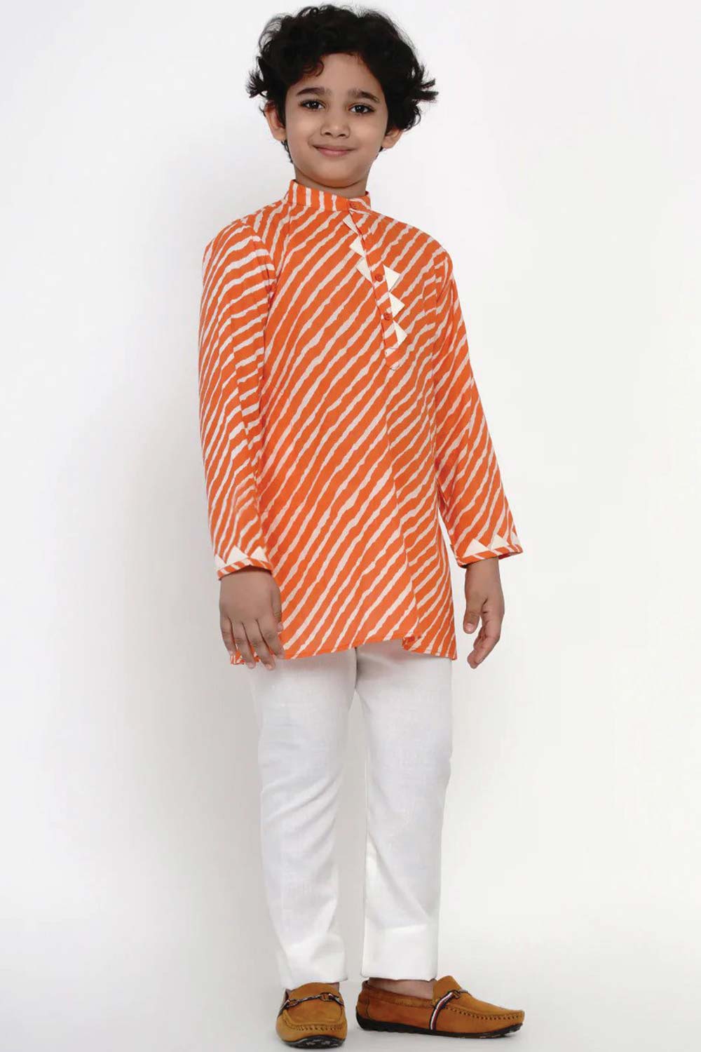 Buy Boy's Orange Laheriya Kurta With Off-White Pajama Set Online - Front