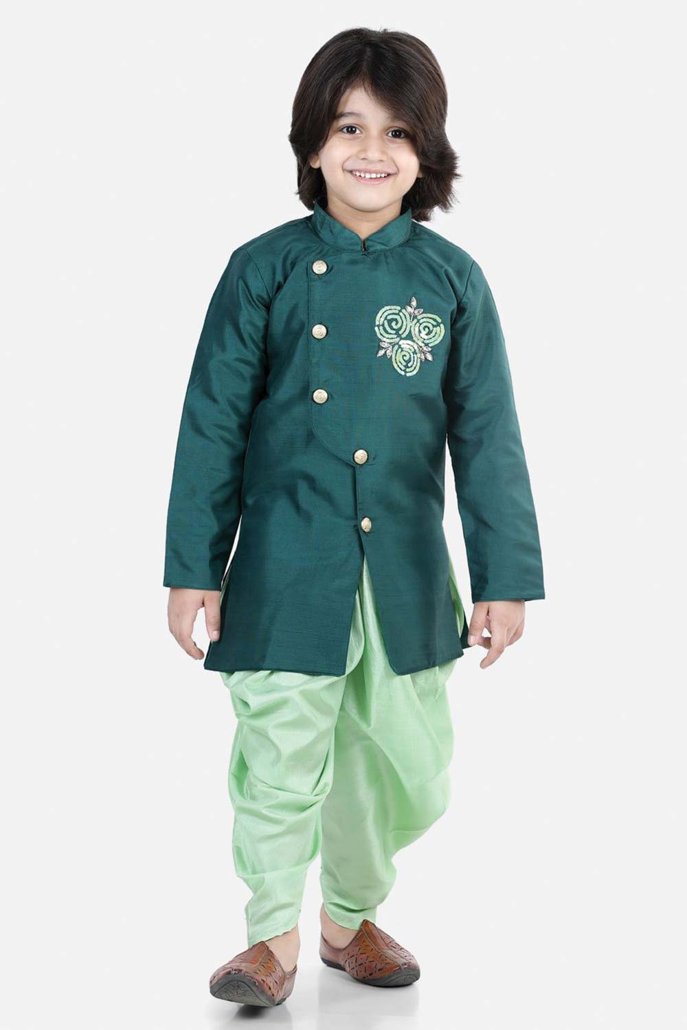 Buy Boy's Green Hand Embroidered Kurta Dhoti Set Online