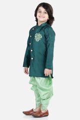 Buy Boy's Green Hand Embroidered Kurta Dhoti Set Online - Front