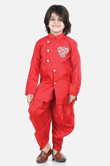 Buy Boy's Red Hand Embroidered Kurta Dhoti Set Online