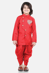 Buy Boy's Red Hand Embroidered Kurta Dhoti Set Online - Front