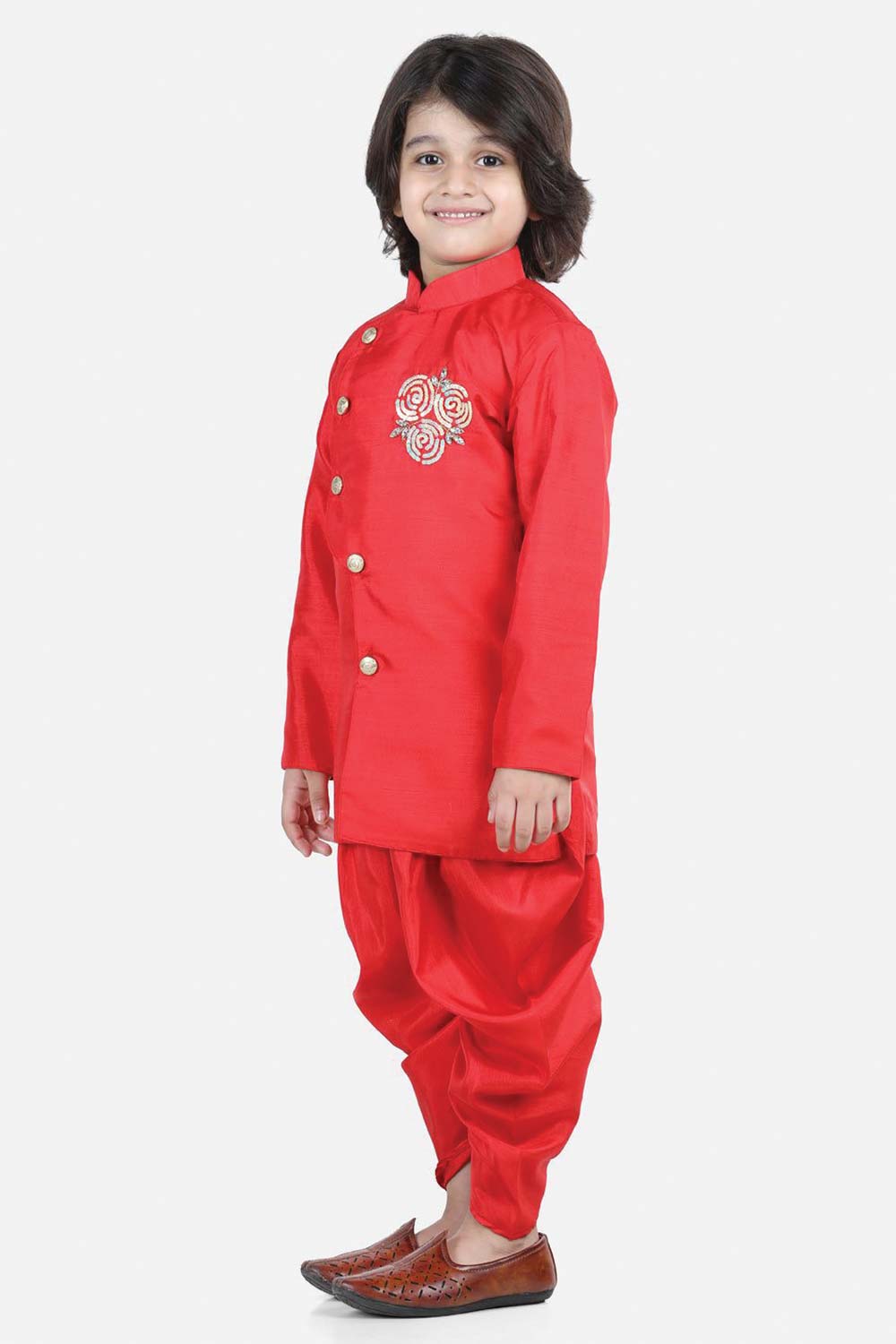 Buy Boy's Red Hand Embroidered Kurta Dhoti Set Online - Side