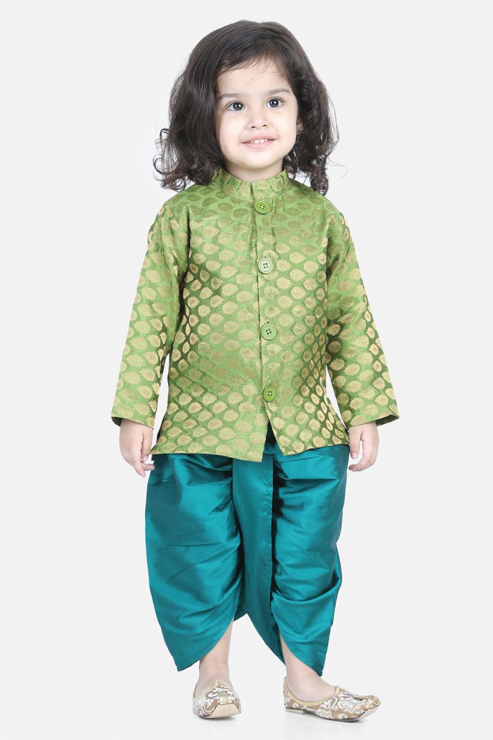 Buy Boy's Green Jacquard Full Sleeve Sherwani Dhoti Online