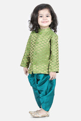 Buy Boy's Green Jacquard Full Sleeve Sherwani Dhoti Online - Front