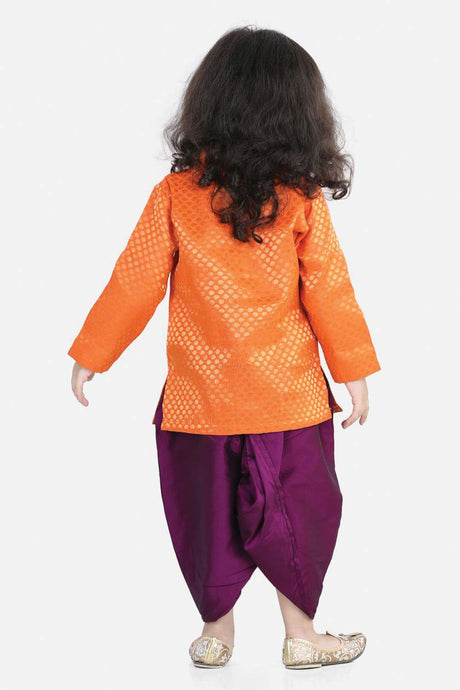 Buy Boy's Orange Jacquard Full Sleeve Sherwani Dhoti Online - Back