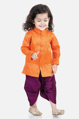 Buy Boy's Orange Jacquard Full Sleeve Sherwani Dhoti Online - Front