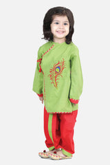 Buy Boy's Green Cotton Embroidery Kanhaiya Kurta Dhoti Set Online - Front