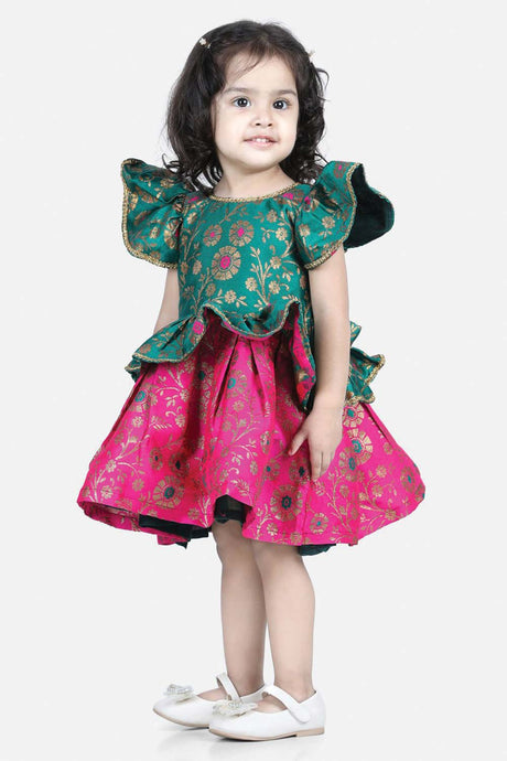 Buy Girl's Green Jacquard Ruffle Sleeve Dress Online