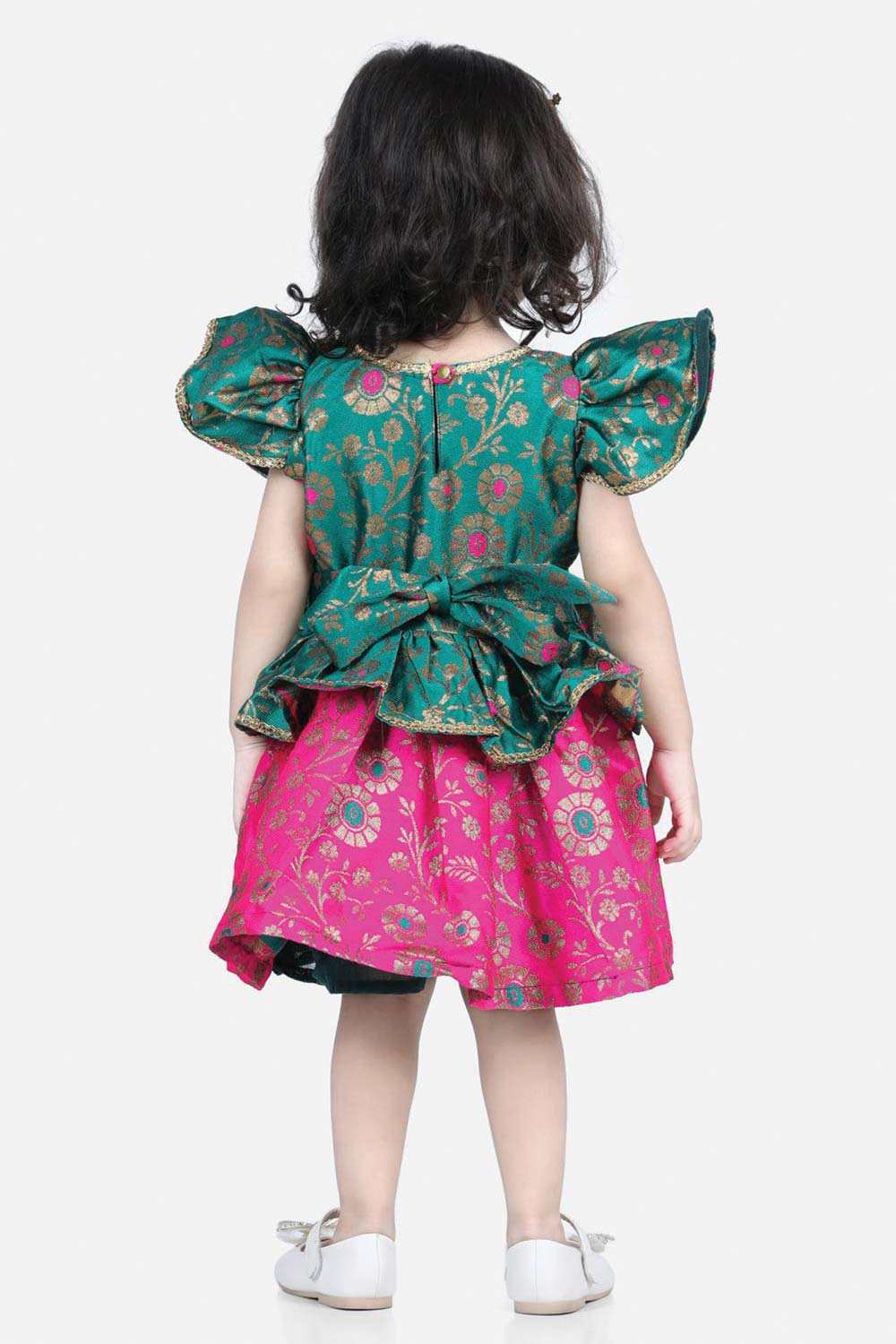 Buy Girl's Green Jacquard Ruffle Sleeve Dress Online - Back