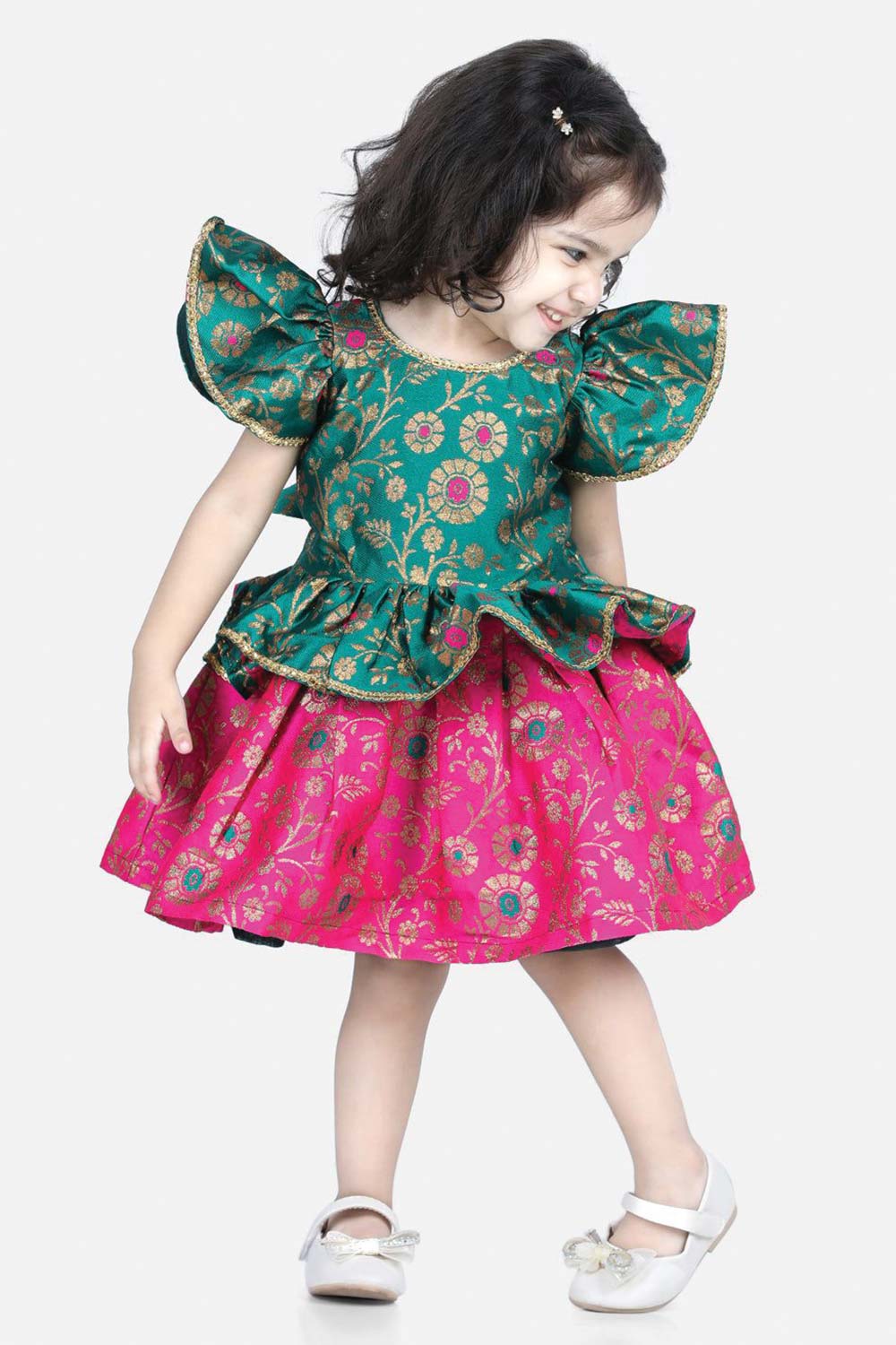Buy Girl's Green Jacquard Ruffle Sleeve Dress Online - Front