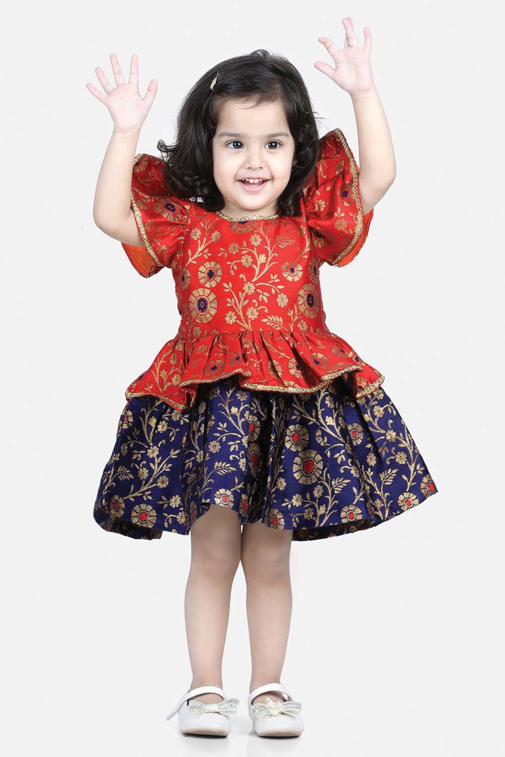 Buy Girl's Orange Jacquard Ruffle Sleeve Dress Online