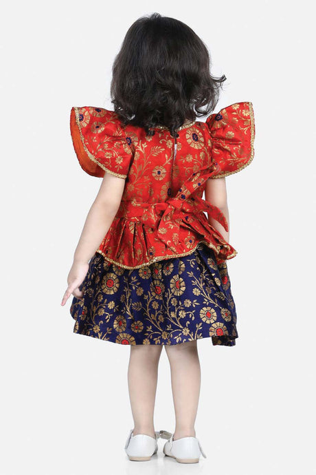 Buy Girl's Orange Jacquard Ruffle Sleeve Dress Online - Back