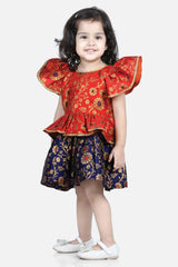 Buy Girl's Orange Jacquard Ruffle Sleeve Dress Online - Front