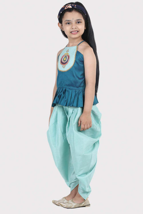 Buy Girl's Blue Hand Embroidered Grecian Neck Kurta Dhoti Set Online