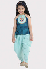 Buy Girl's Blue Hand Embroidered Grecian Neck Kurta Dhoti Set Online - Front