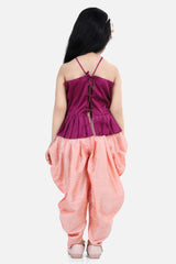 Buy Girl's Purple Hand Embroidered Grecian Neck Kurta Dhoti Set Online - Back