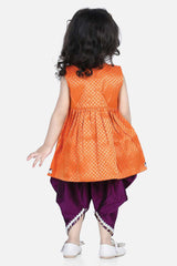 Buy Girl's Orange Jacquard Kurta Dhoti Set Online - Back