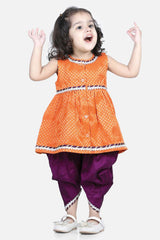 Buy Girl's Orange Jacquard Kurta Dhoti Set Online - Front