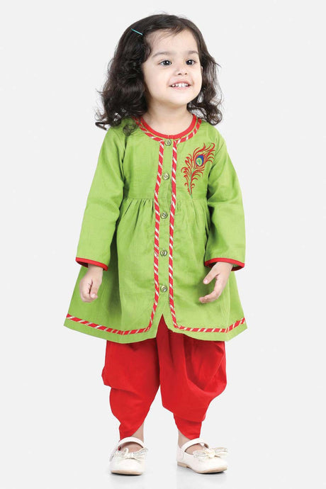 Buy Girl's Green Cotton Embroidery Top Dhoti Online