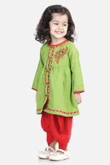 Buy Girl's Green Cotton Embroidery Top Dhoti Online - Front