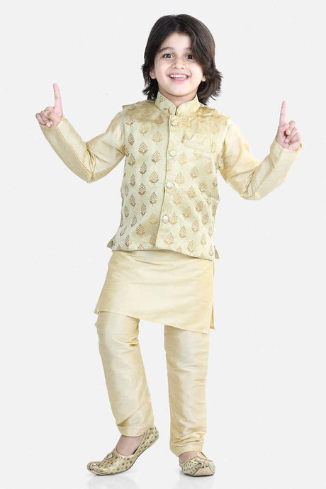 Buy Boy's Beige 3 Piece Jacquard Jacket Silk Kurta Pajama Set Online