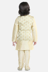 Buy Boy's Beige 3 Piece Jacquard Jacket Silk Kurta Pajama Set Online - Back