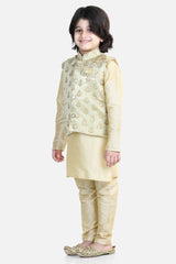 Buy Boy's Beige 3 Piece Jacquard Jacket Silk Kurta Pajama Set Online - Front