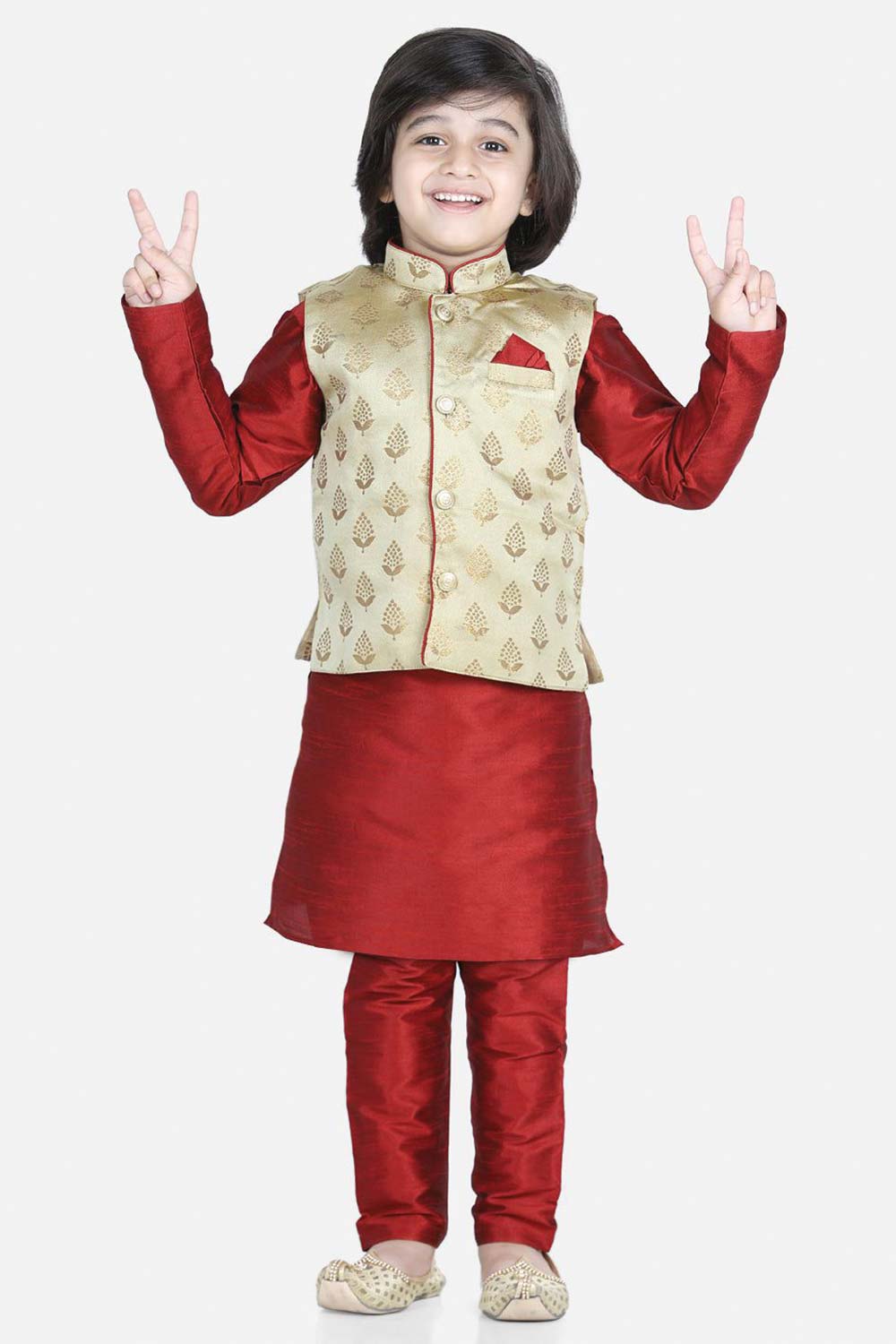 Buy Boy's Maroon 3 Piece Jacquard Jacket Silk Kurta Pajama Set Online