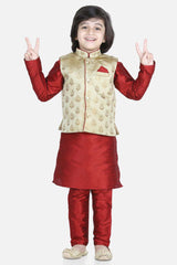 Buy Boy's Maroon 3 Piece Jacquard Jacket Silk Kurta Pajama Set Online