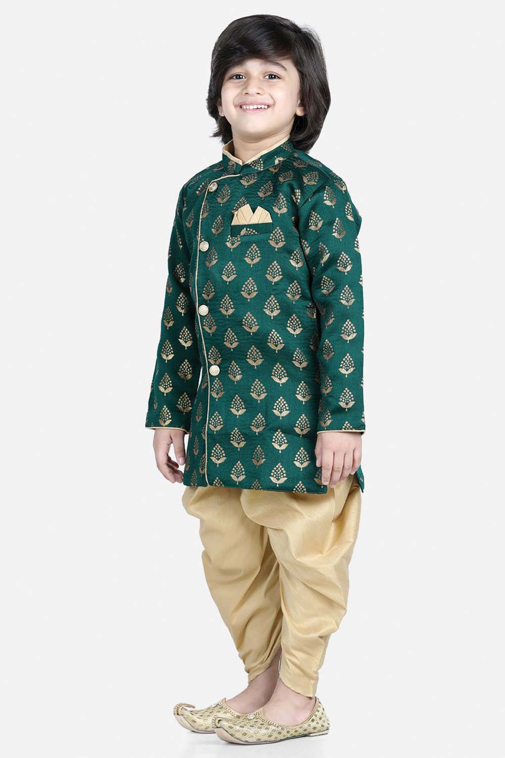 Buy Boy's Green Full Sleeve Jacquard Sherwani Online - Front