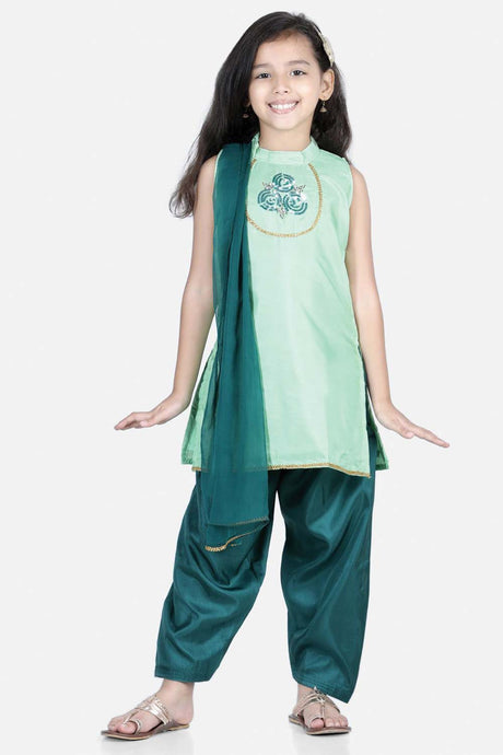 Buy Girl's Green Hand Embroidered Silk Kurti Salwar Online