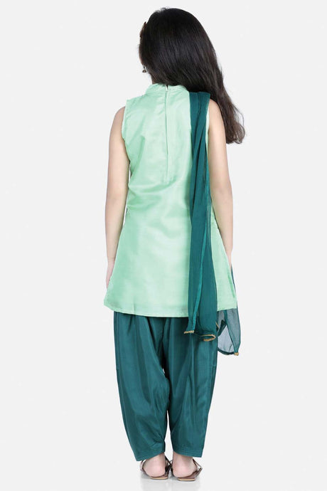 Buy Girl's Green Hand Embroidered Silk Kurti Salwar Online - Back