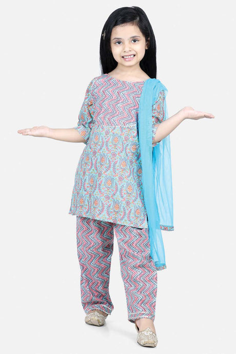 Buy Girl's Blue Pure Cotton Printed Kurti With Pant Online