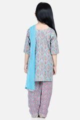 Buy Girl's Blue Pure Cotton Printed Kurti With Pant Online - Back