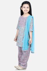 Buy Girl's Blue Pure Cotton Printed Kurti With Pant Online - Front