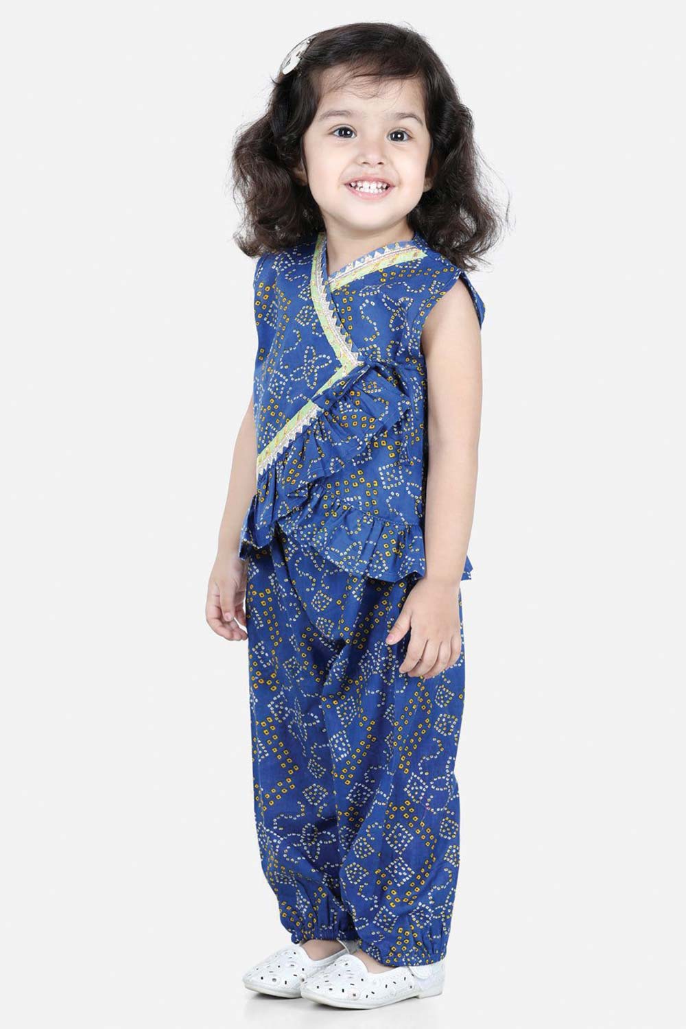 Buy Girl's Blue Cotton Kurta With Harem Online - Front