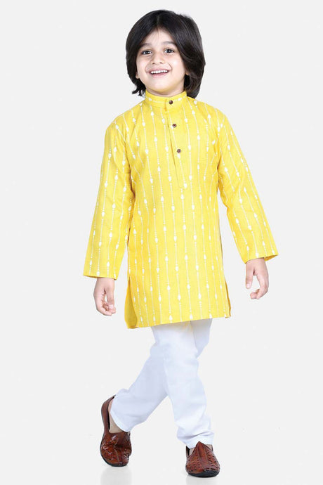 Buy Boy's Yellow Printed Full Sleeve Cotton Kurta Pajama Set Online