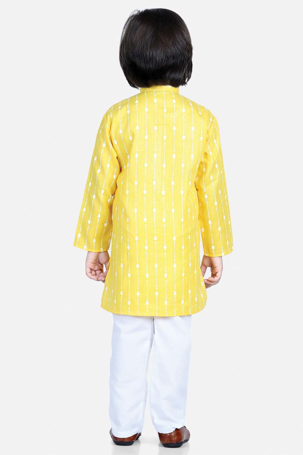 Buy Boy's Yellow Printed Full Sleeve Cotton Kurta Pajama Set Online - Back