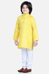 Buy Boy's Yellow Printed Full Sleeve Cotton Kurta Pajama Set Online - Front