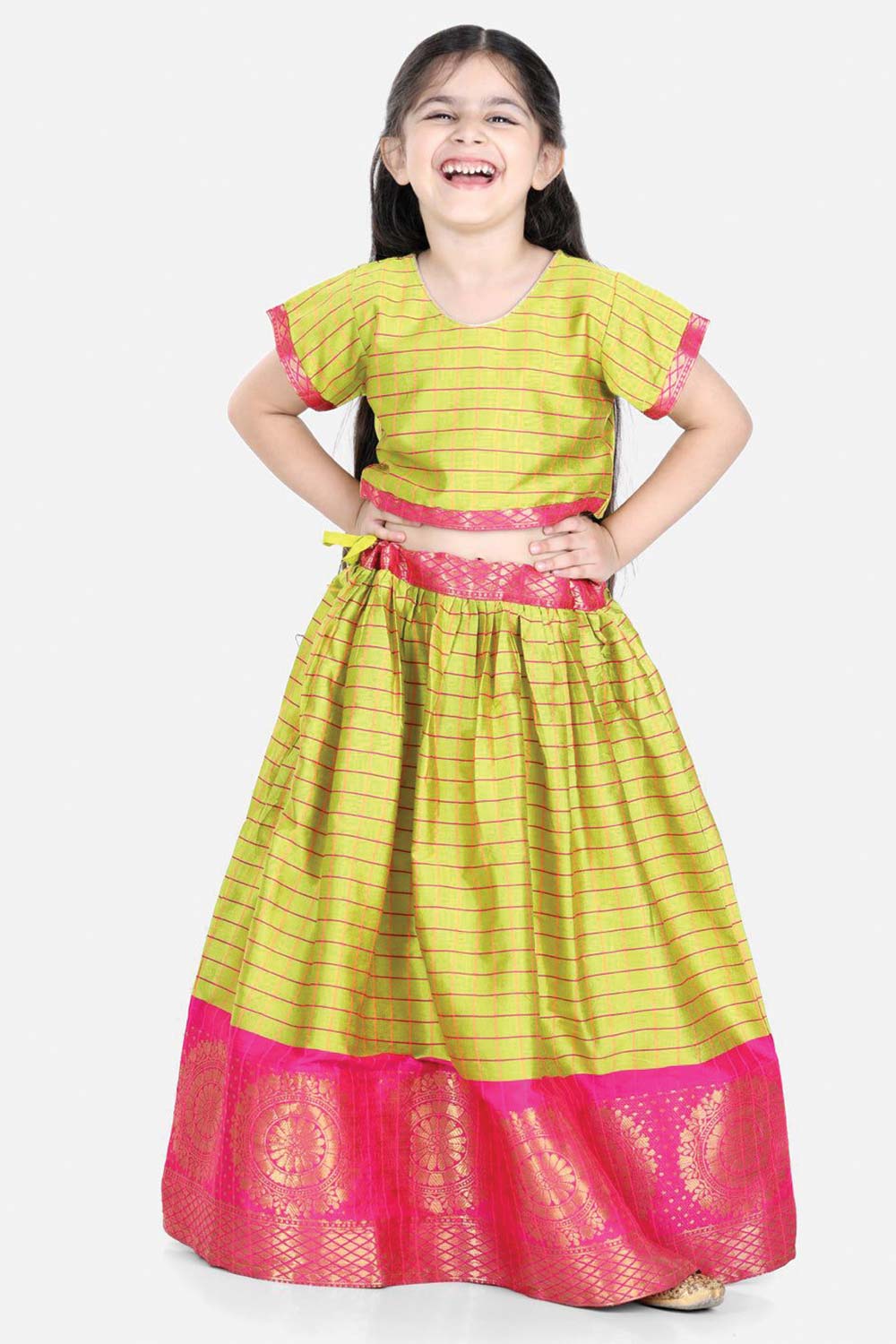 Girl s Yellow Half Sleeve South Indian Pavda Pattu Lehenga Yellow