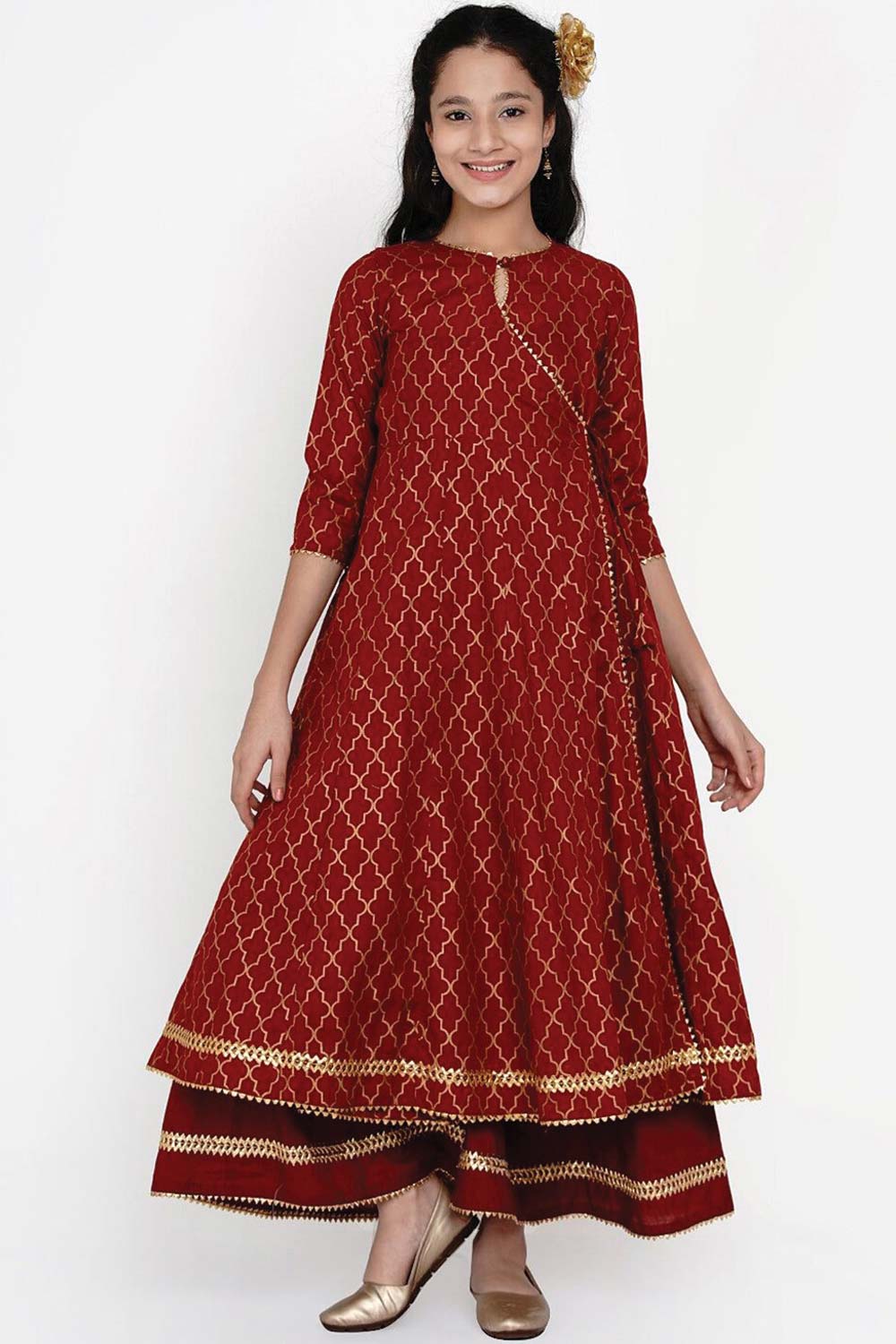 Buy Girl's Maroon And Gold Ethnic Motifs Foil Print Anarkali Kurta With Palazzos Online
