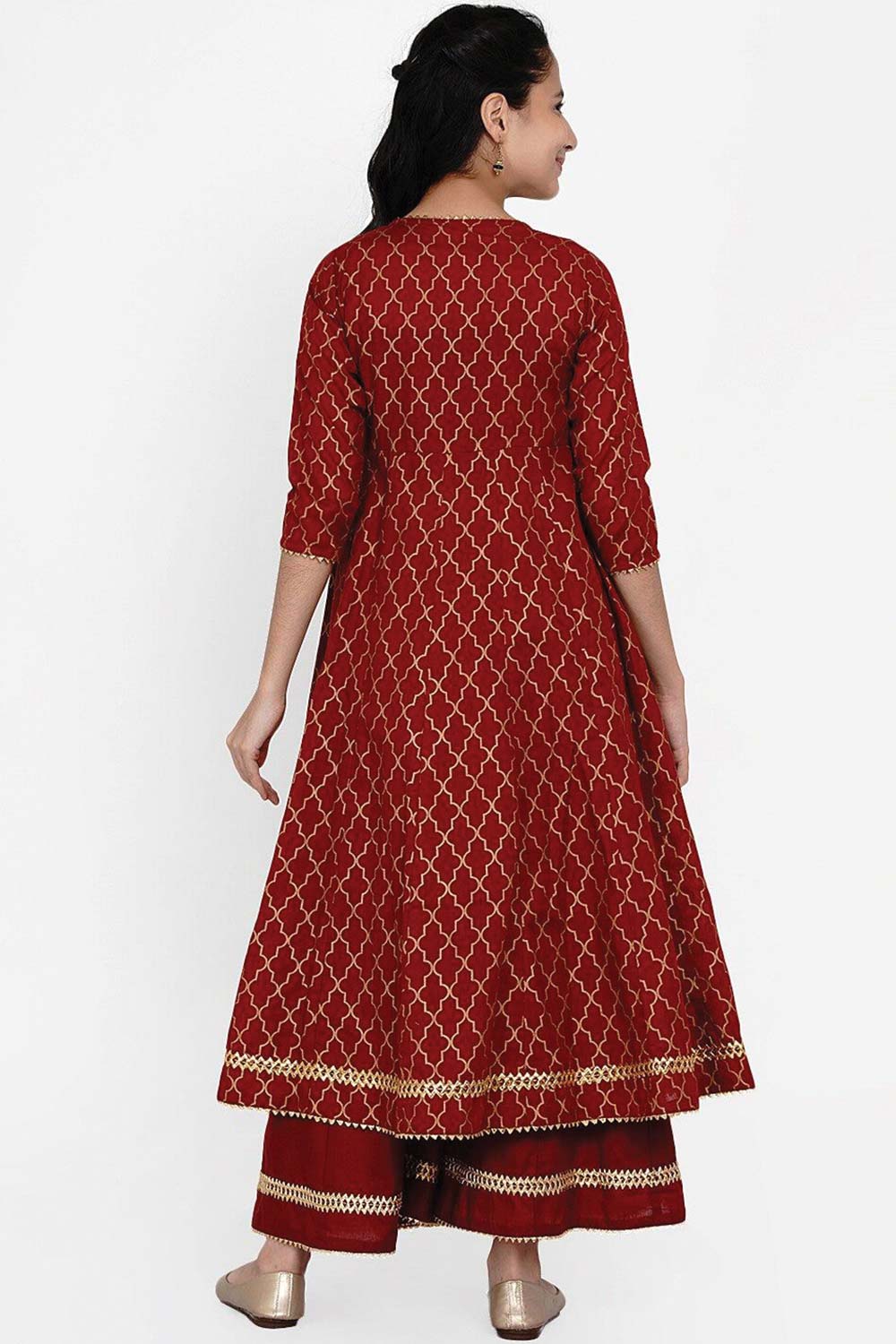 Buy Girl's Maroon And Gold Ethnic Motifs Foil Print Anarkali Kurta With Palazzos Online - Back