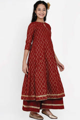 Buy Girl's Maroon And Gold Ethnic Motifs Foil Print Anarkali Kurta With Palazzos Online - Front