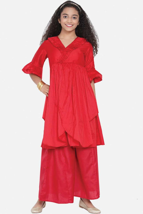 Buy Girl's Red Pleated Asymmetric Kurta With Palazzos Online
