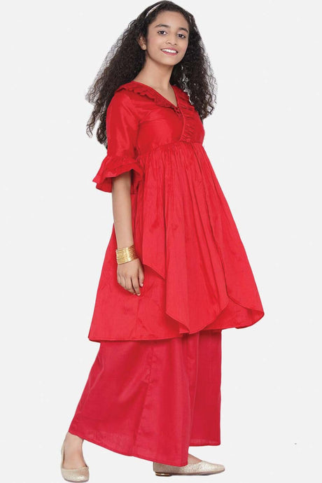 Buy Girl's Red Pleated Asymmetric Kurta With Palazzos Online - Back