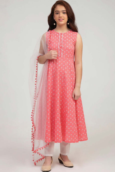 Buy Girl's Pink Ethnic Motifs Printed Pure Cotton Kurta With Trousers And With Dupatta Online