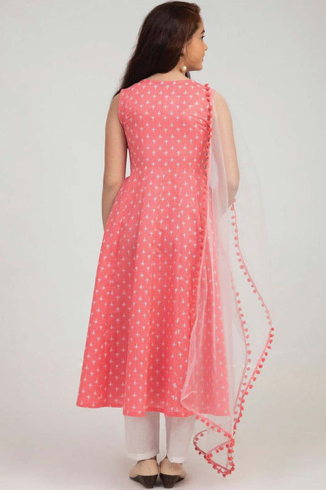 Buy Girl's Pink Ethnic Motifs Printed Pure Cotton Kurta With Trousers And With Dupatta Online - Back