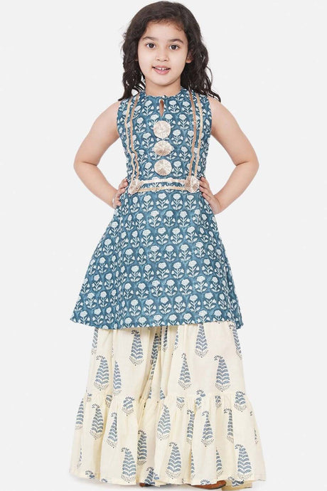 Buy Girl's Blue Floral Printed Pleated Kurta With Skirt Online